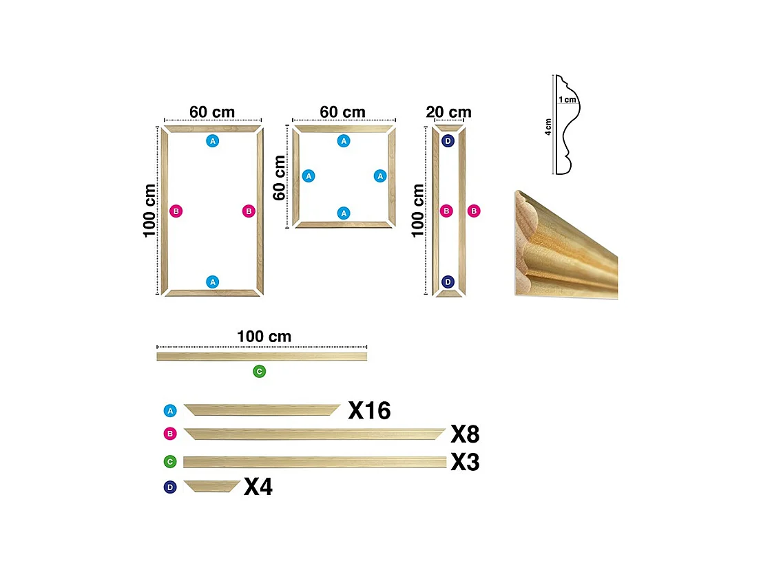 Kit de 7 moulures murales en bois Pin des Landes - Prêt à coller et peindre - Apolline - 3 mètres