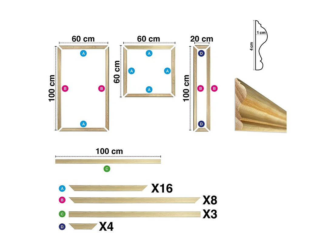 Kit de 7 moulures murales en bois Pin des Landes - Prêt à coller et peindre - Apolline - 3 mètres