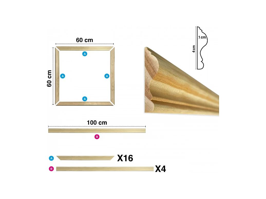 Kit de 4 moulures murales en bois Pin des Landes - Prêt à coller et peindre - Florine - 4 mètres