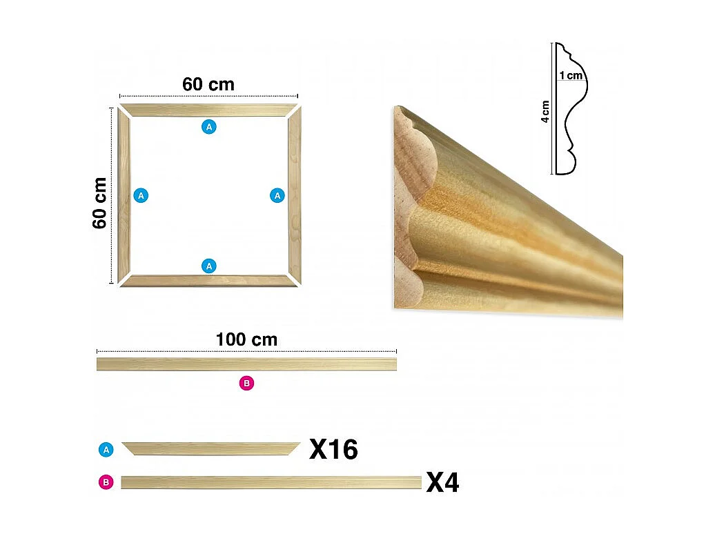 Kit de 4 moulures murales en bois Pin des Landes - Prêt à coller et peindre - Florine - 4 mètres
