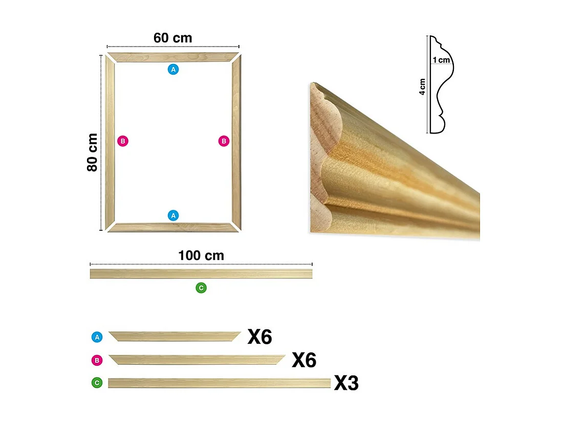 Kit de 3 moulures murales en bois Pin des Landes - Prêt à coller et peindre - Antoinette - 3 mètres