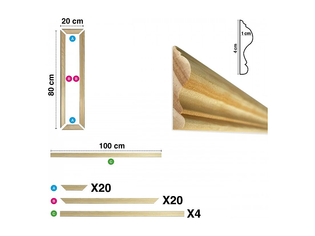 Kit de 10 moulures murales en bois Pin des Landes - Prêt à coller et peindre - Camille - 4 mètres