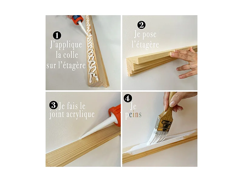 Kit de 4 étagères murales en bois - Pin Massif - 100% FSC - Prêt à coller et peindre