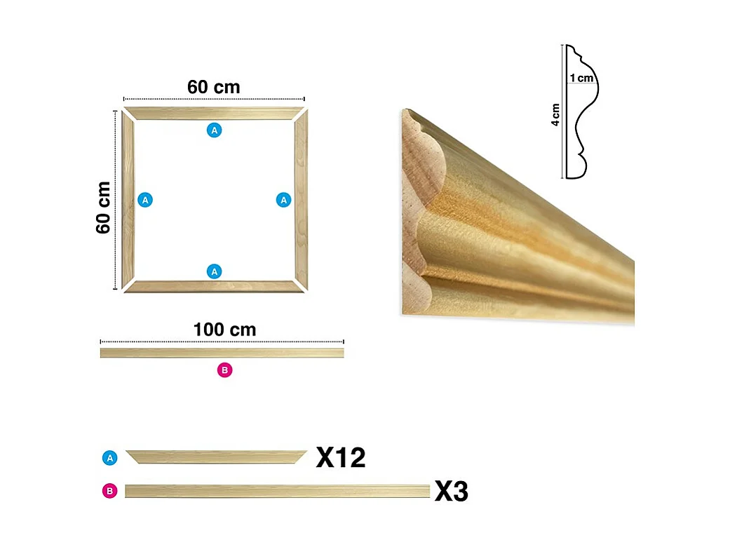Kit de 3 moulures murales en bois Pin des Landes - Prêt à coller et peindre - Florine - 3 mètres