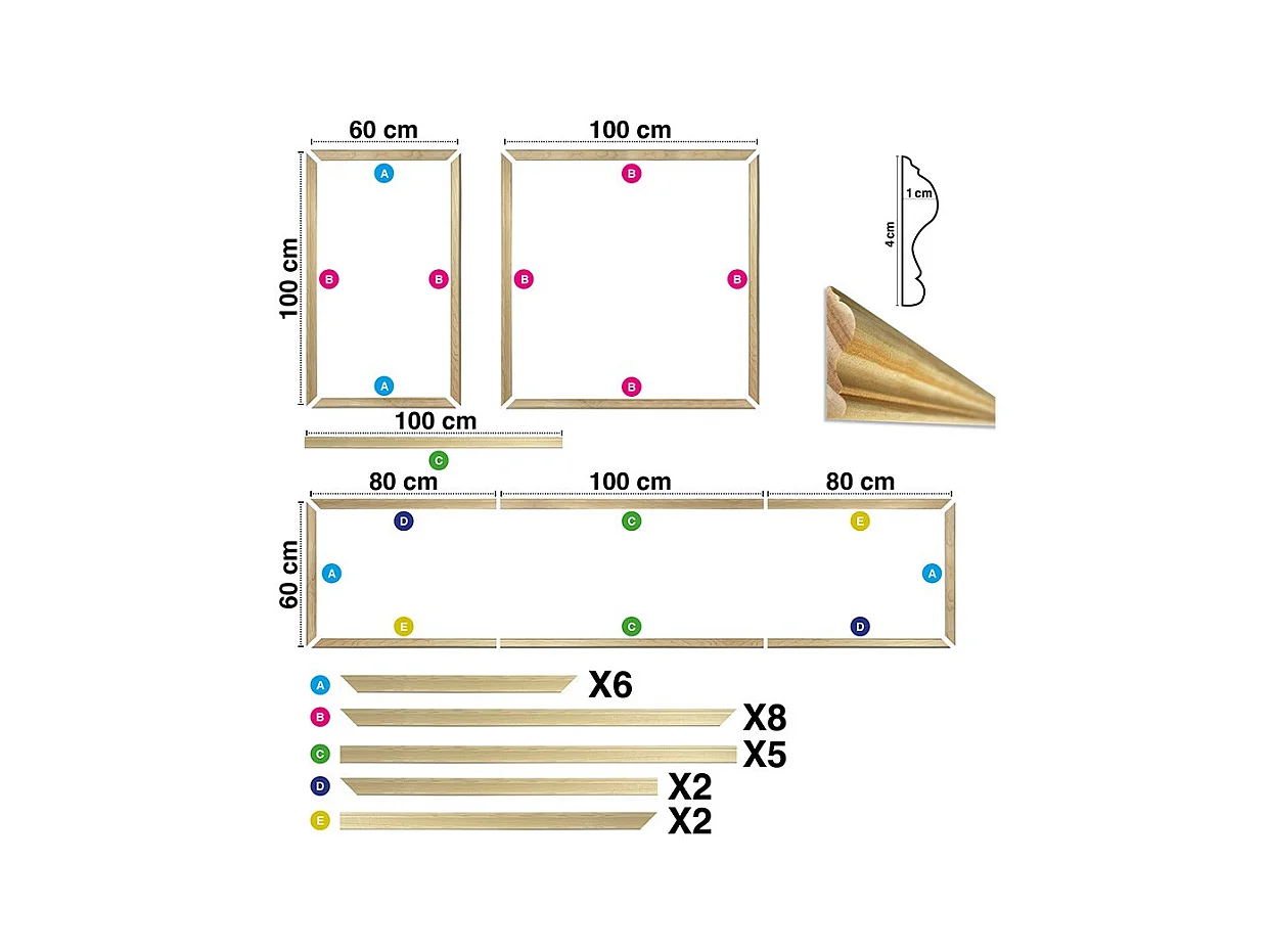 Kit de 4 moulures murales en bois Pin des Landes - Prêt à coller et peindre - Blandine - 3 mètres