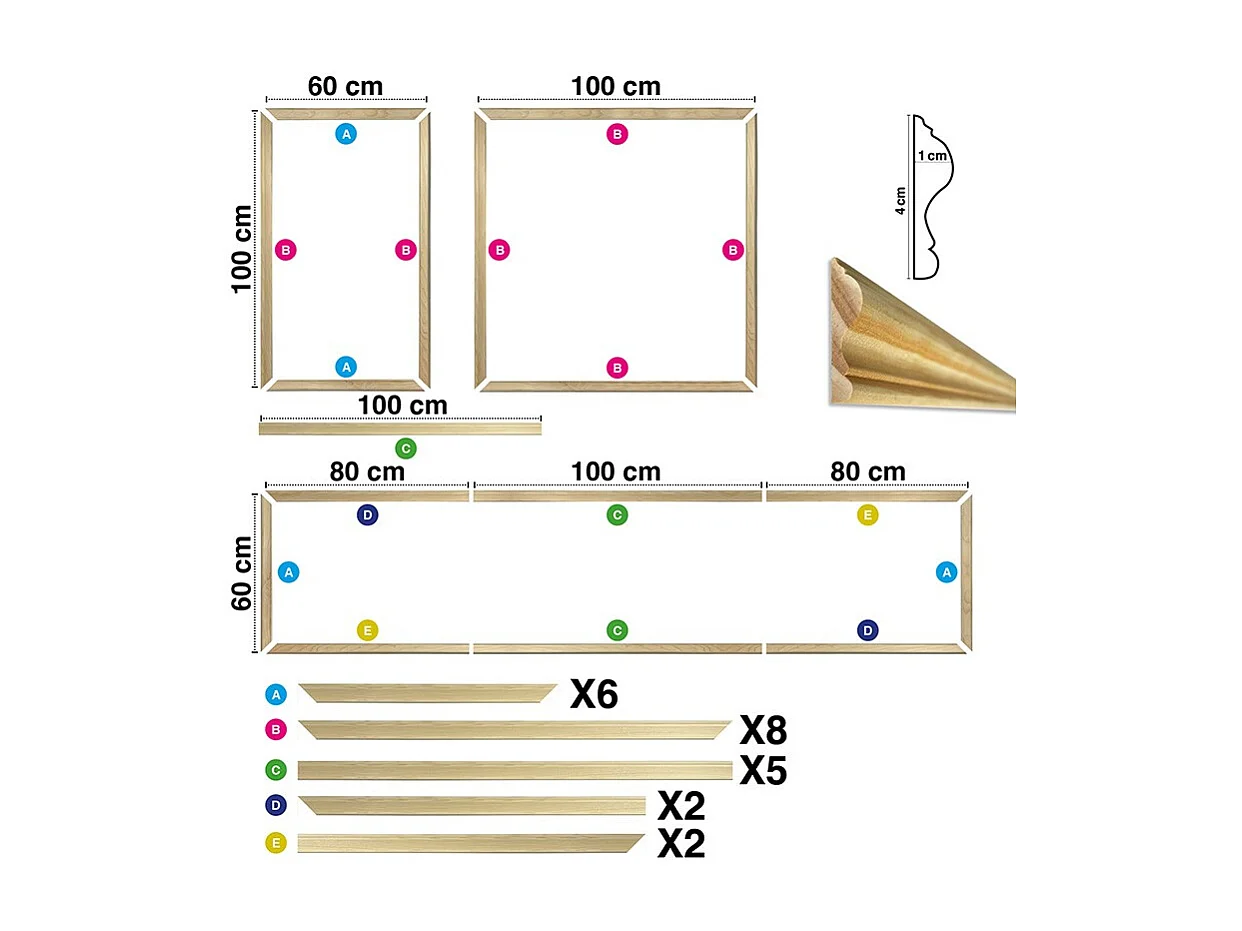 Kit de 4 moulures murales en bois Pin des Landes - Prêt à coller et peindre - Blandine - 3 mètres