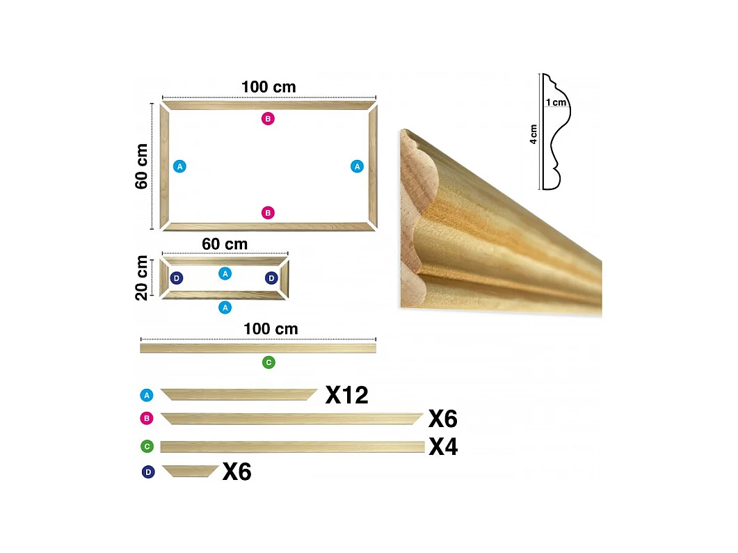 Kit de 3 moulures murales en bois Pin des Landes - Prêt à coller et peindre - Augustine - 4 mètres
