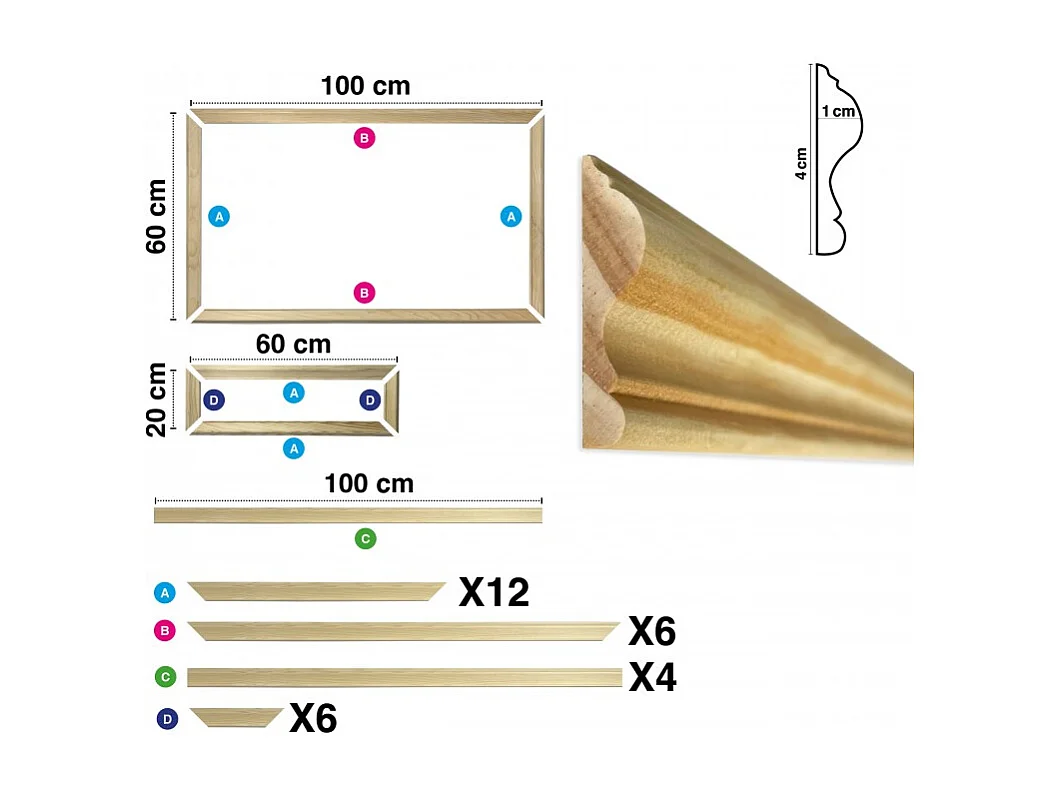 Kit de 3 moulures murales en bois Pin des Landes - Prêt à coller et peindre - Augustine - 4 mètres