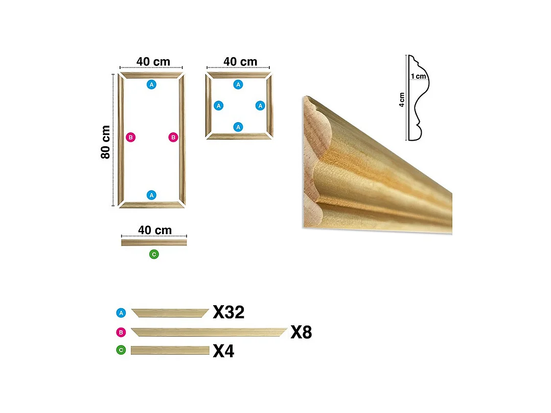 Kit de 12 moulures murales en bois Pin des Landes - Prêt à coller et peindre - Jeanne - 1,6 mètres