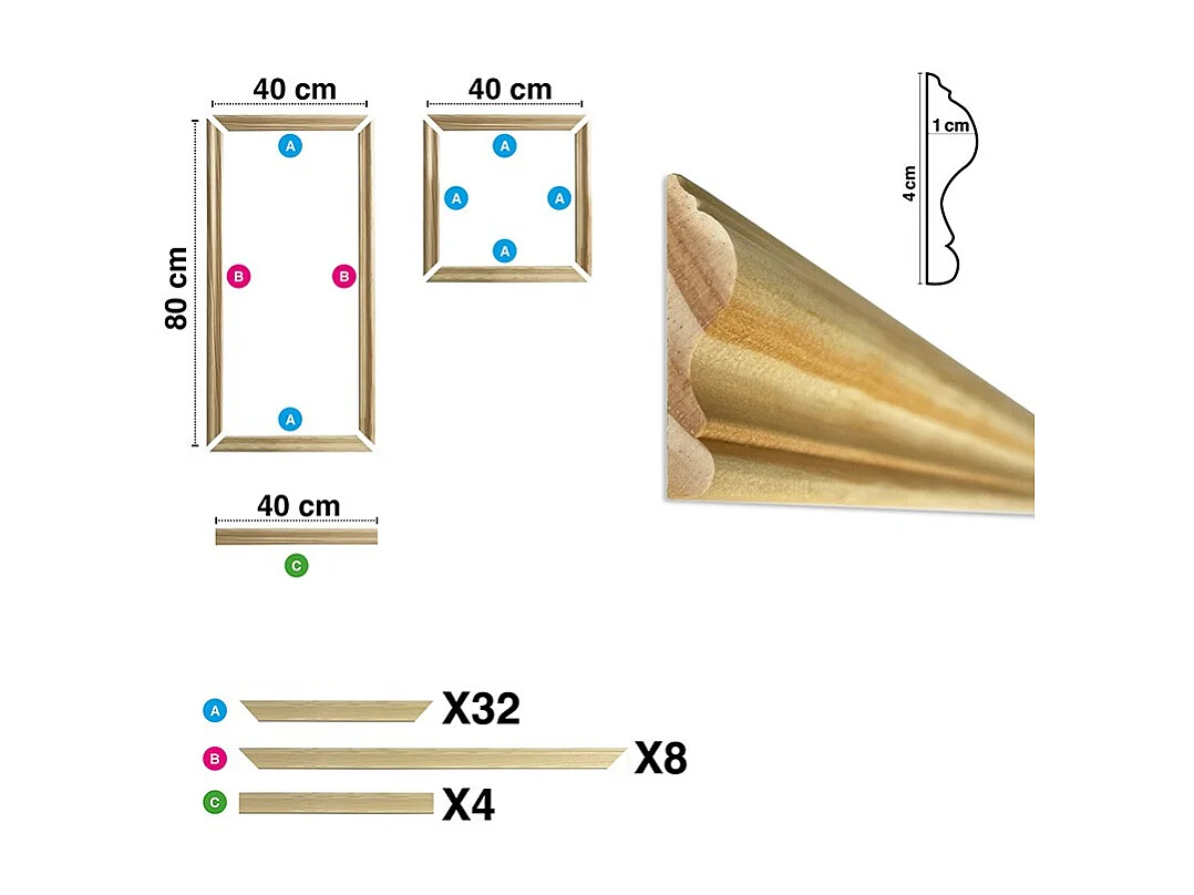 Kit de 12 moulures murales en bois Pin des Landes - Prêt à coller et peindre - Jeanne - 1,6 mètres