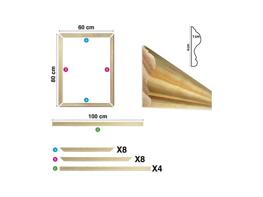 Kit de 4 moulures murales en bois Pin des Landes - Prêt à coller et peindre - Antoinette - 4 mètres