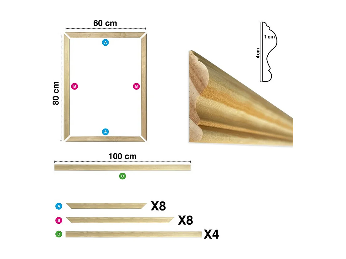Kit de 4 moulures murales en bois Pin des Landes - Prêt à coller et peindre - Antoinette - 4 mètres