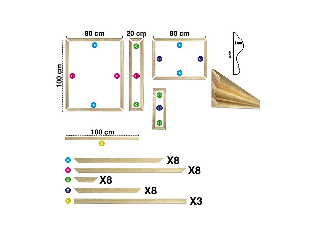 Kit de 8 moulures murales en bois Pin des Landes - Prêt à coller et peindre - Justine - 3 mètres