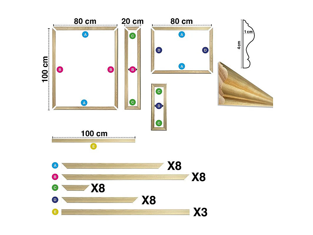 Kit de 8 moulures murales en bois Pin des Landes - Prêt à coller et peindre - Justine - 3 mètres