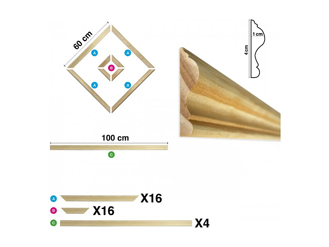 Kit de 4 moulures murales en bois Pin des Landes - Prêt à coller et peindre - Victorine - 4 mètres