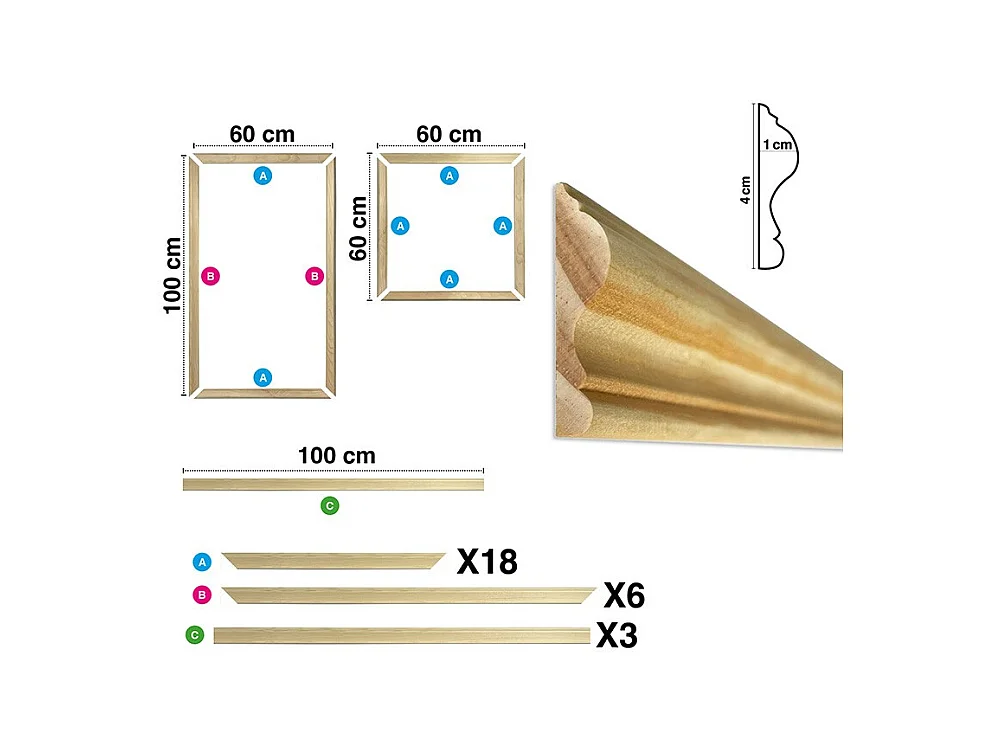Kit de 6 moulures murales en bois Pin des Landes - Prêt à coller et peindre - Apolline - 3 mètres