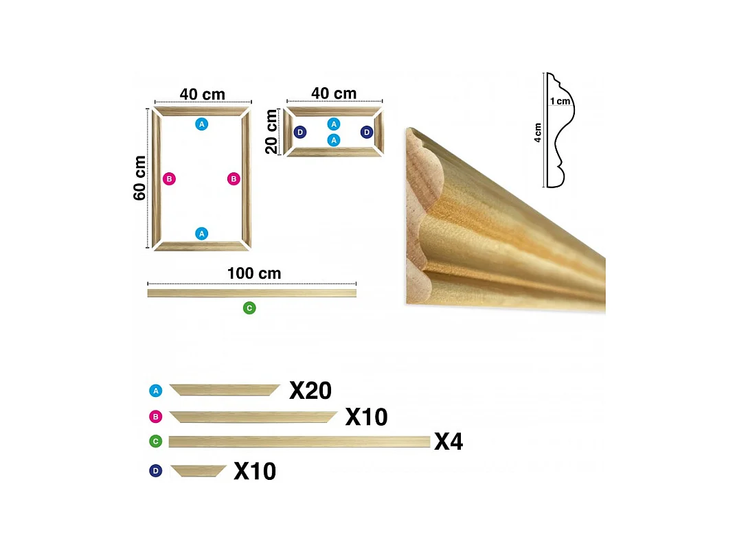 Kit de 10 moulures murales en bois Pin des Landes - Prêt à coller et peindre - Colette - 4 mètres