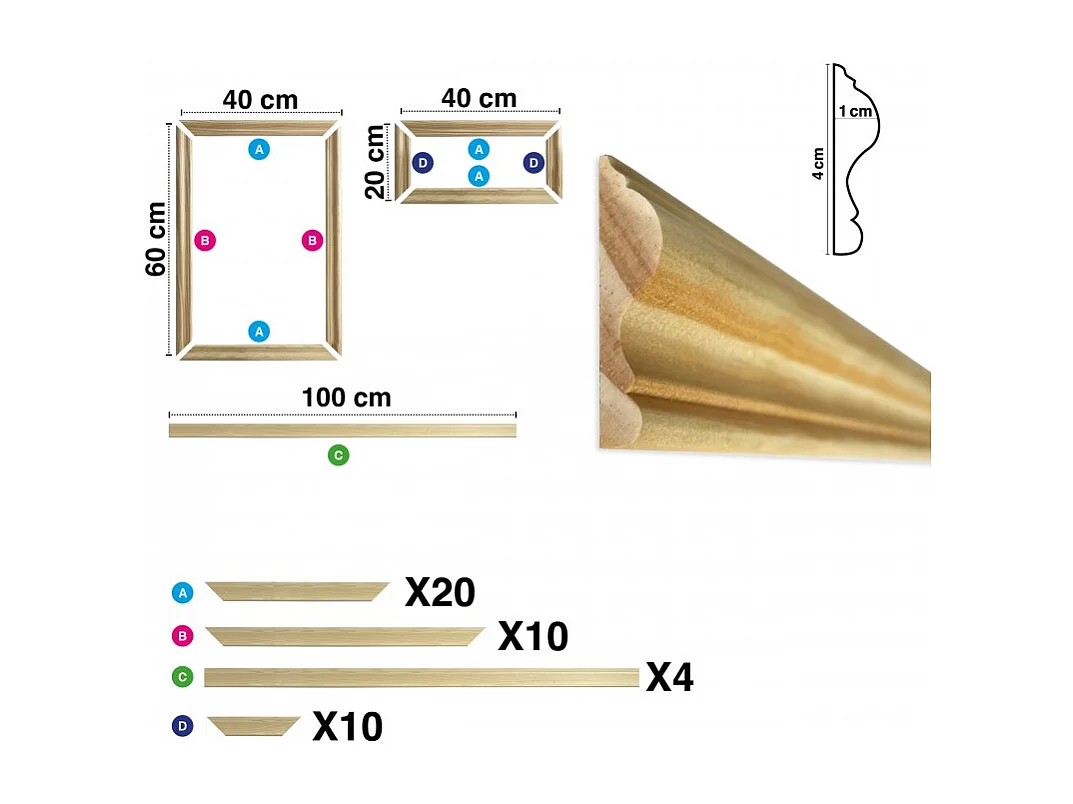 Kit de 10 moulures murales en bois Pin des Landes - Prêt à coller et peindre - Colette - 4 mètres