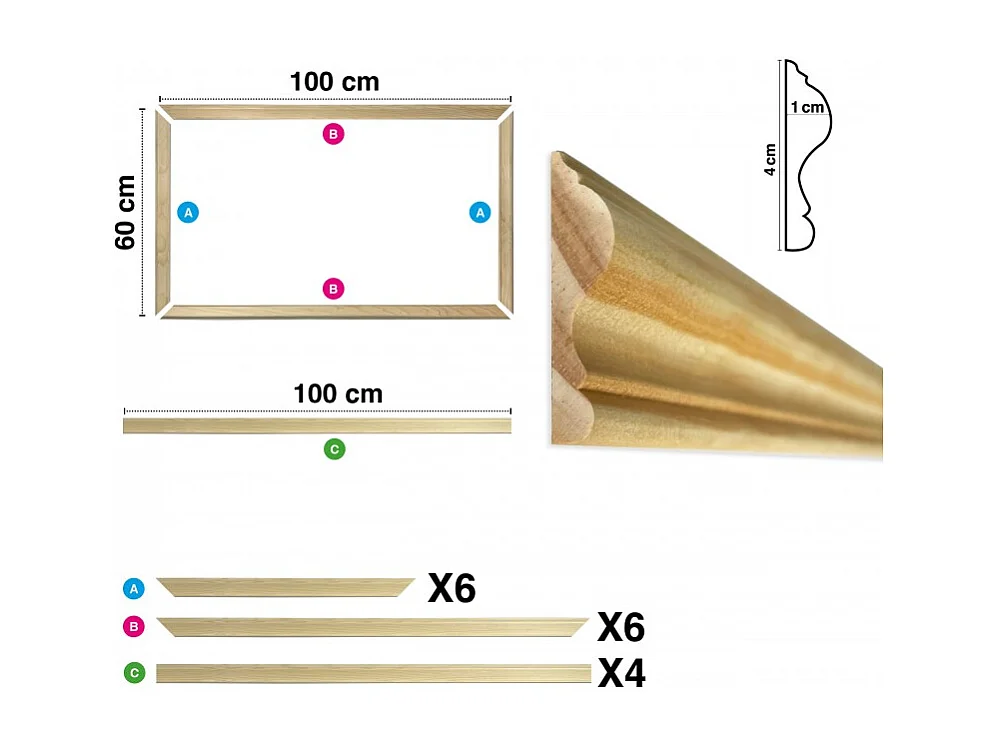 Kit de 3 moulures murales en bois Pin des Landes - Prêt à coller et peindre - Augustine - 4 mètres