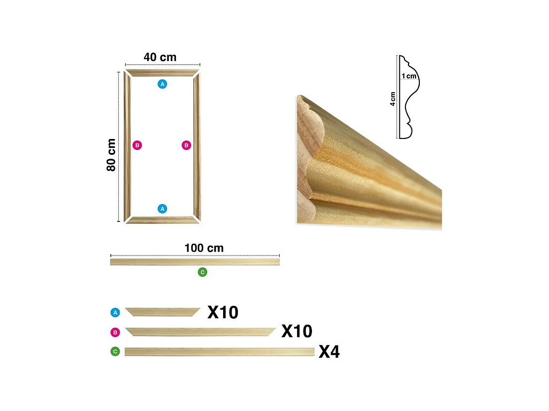 Kit de 5 moulures murales en bois Pin des Landes - Prêt à coller et peindre - Claudine - 4 mètres