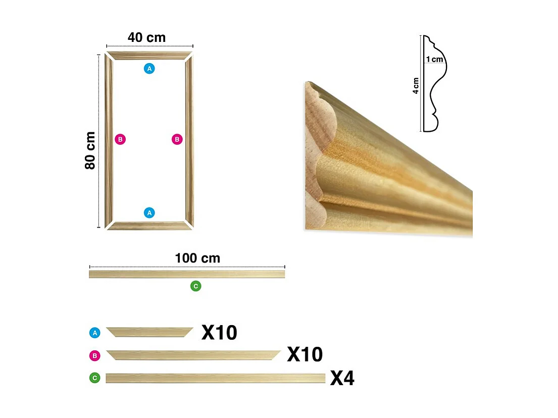 Kit de 5 moulures murales en bois Pin des Landes - Prêt à coller et peindre - Claudine - 4 mètres