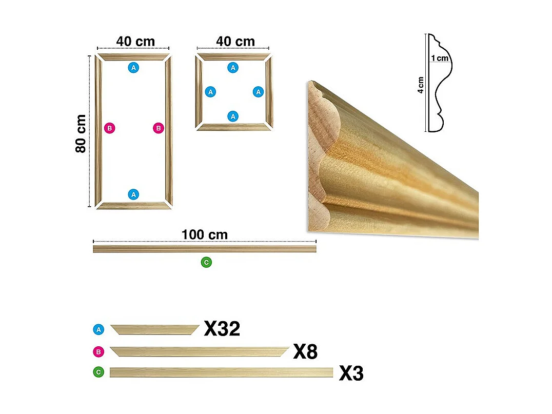 Kit de 12 moulures murales en bois Pin des Landes - Prêt à coller et peindre - Jeanne - 3 mètres