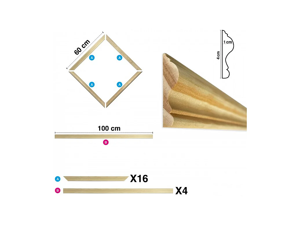 Kit de 4 moulures murales en bois Pin des Landes - Prêt à coller et peindre - Victorine - 4 mètres
