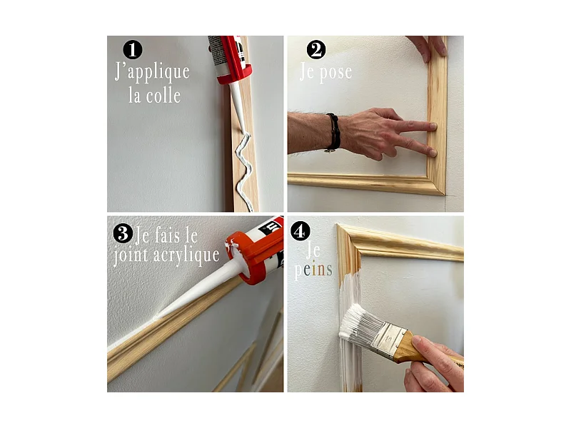 Kit de 4 moulures murales en bois Pin des Landes - Prêt à coller et peindre - Victorine - 4 mètres