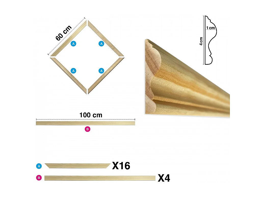 Kit de 4 moulures murales en bois Pin des Landes - Prêt à coller et peindre - Victorine - 4 mètres