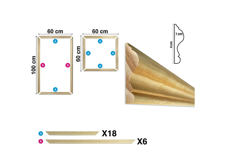 Kit de 6 moulures murales en bois Pin des Landes - Prêt à coller et peindre - Apolline - 3 mètres