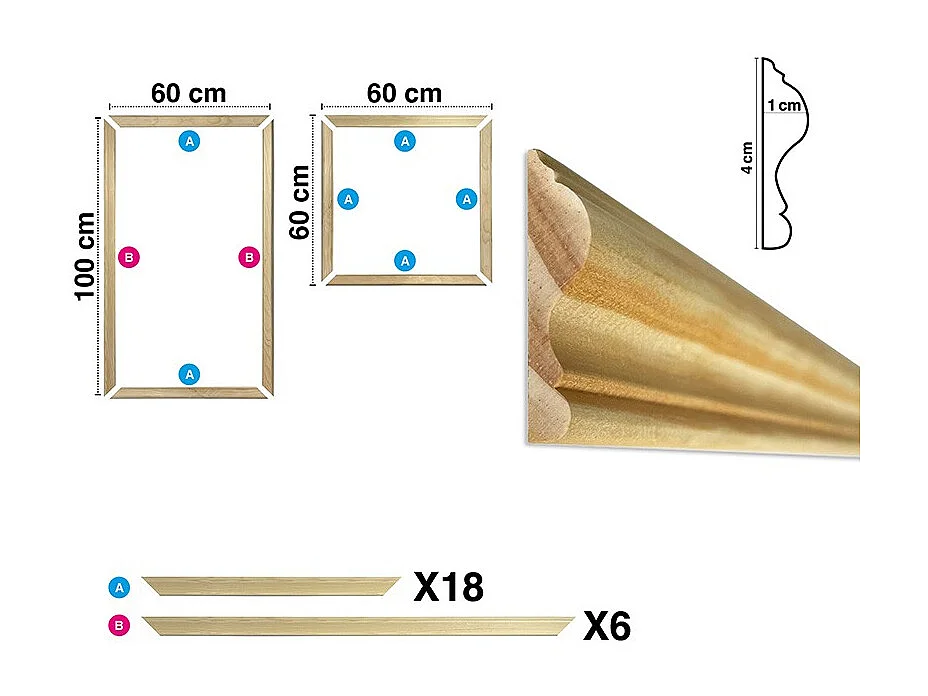 Kit de 6 moulures murales en bois Pin des Landes - Prêt à coller et peindre - Apolline - 3 mètres
