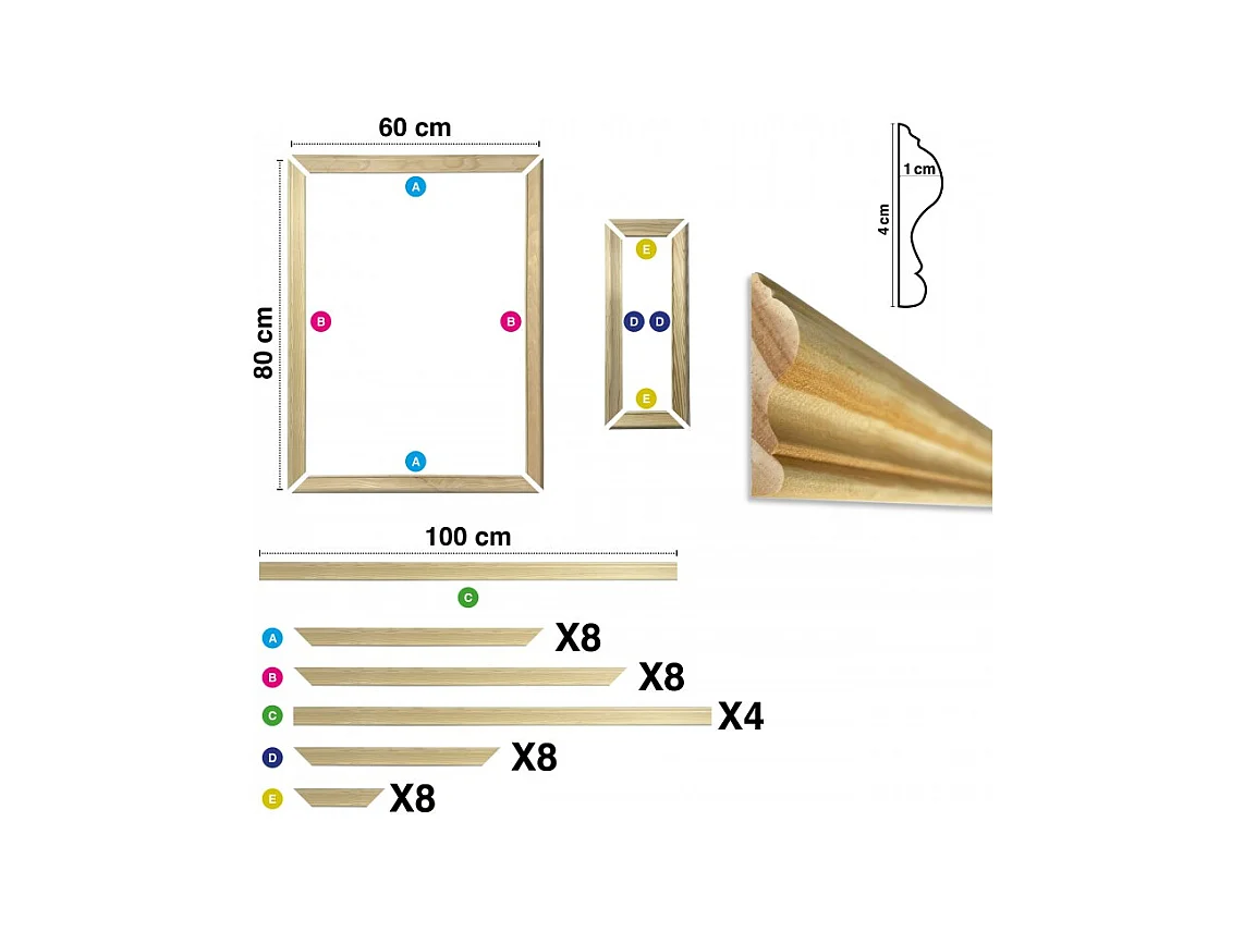 Kit de 4 moulures murales en bois Pin des Landes - Prêt à coller et peindre - Antoinette - 4 mètres