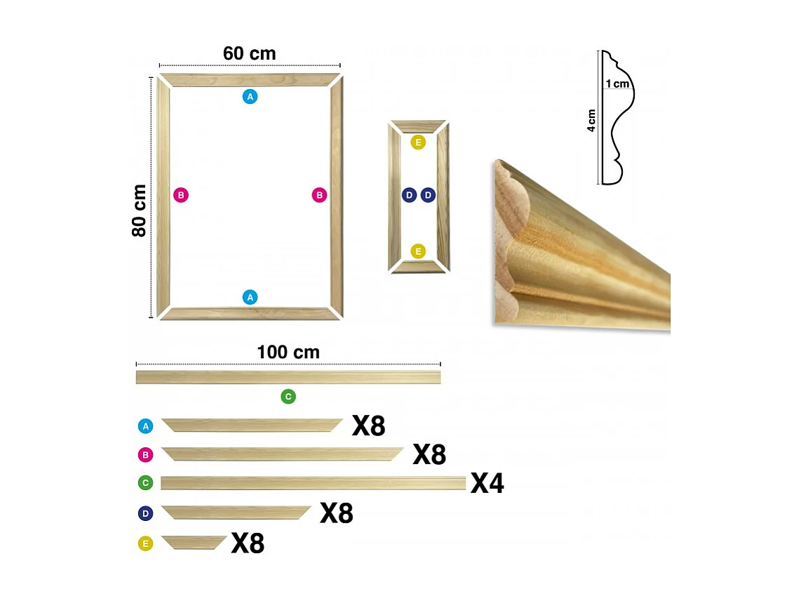 Kit de 4 moulures murales en bois Pin des Landes - Prêt à coller et peindre - Antoinette - 4 mètres