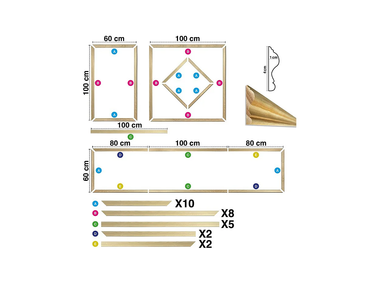 Kit de 4 moulures murales en bois Pin des Landes - Prêt à coller et peindre - Blandine - 3 mètres
