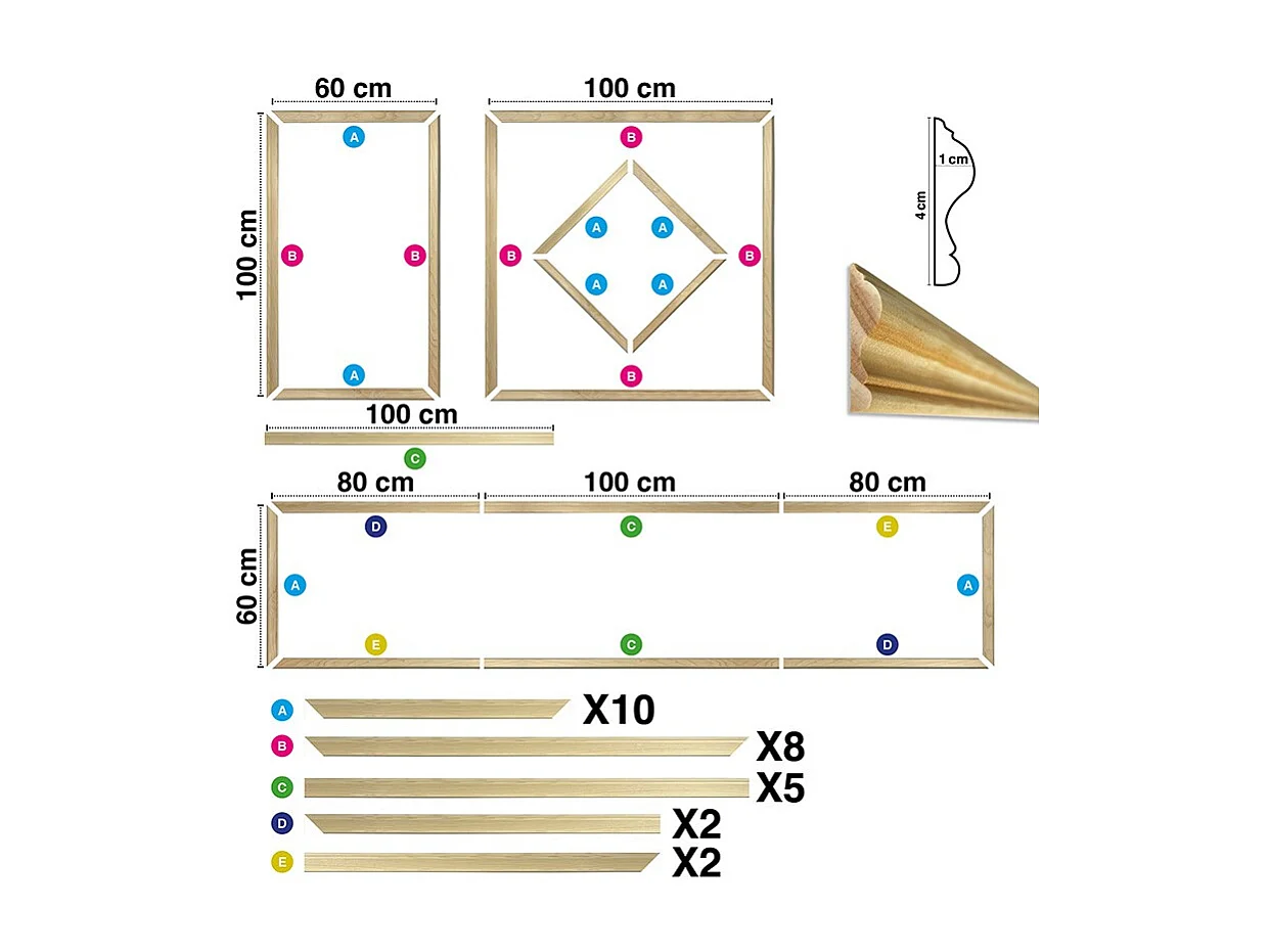 Kit de 4 moulures murales en bois Pin des Landes - Prêt à coller et peindre - Blandine - 3 mètres