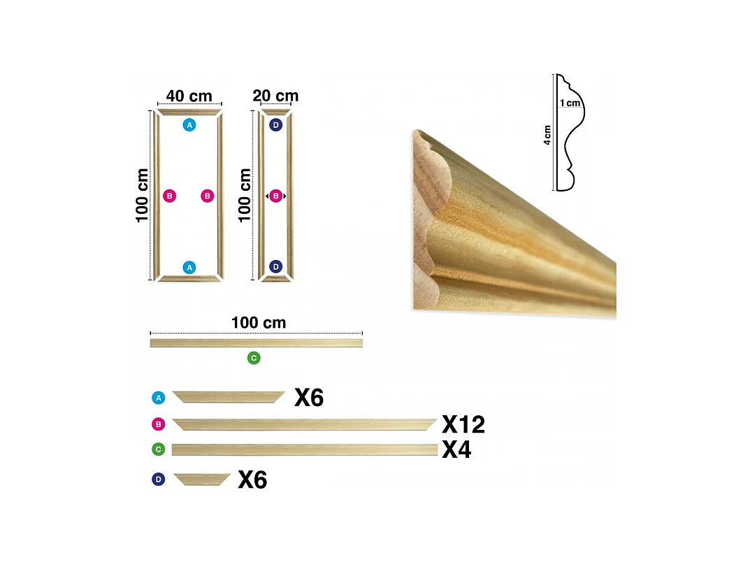 Kit de 6 moulures murales en bois Pin des Landes - Prêt à coller et peindre - Leopoldine - 4 mètres