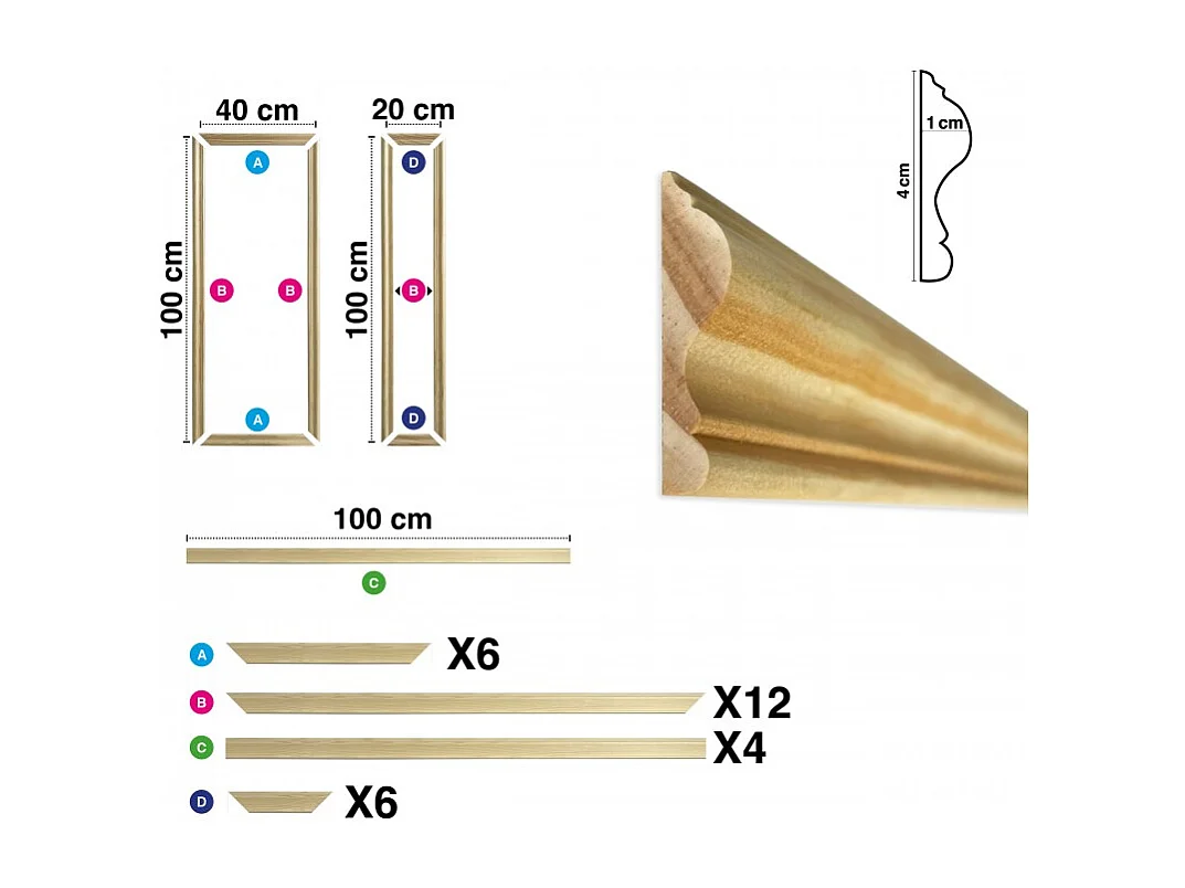 Kit de 6 moulures murales en bois Pin des Landes - Prêt à coller et peindre - Leopoldine - 4 mètres