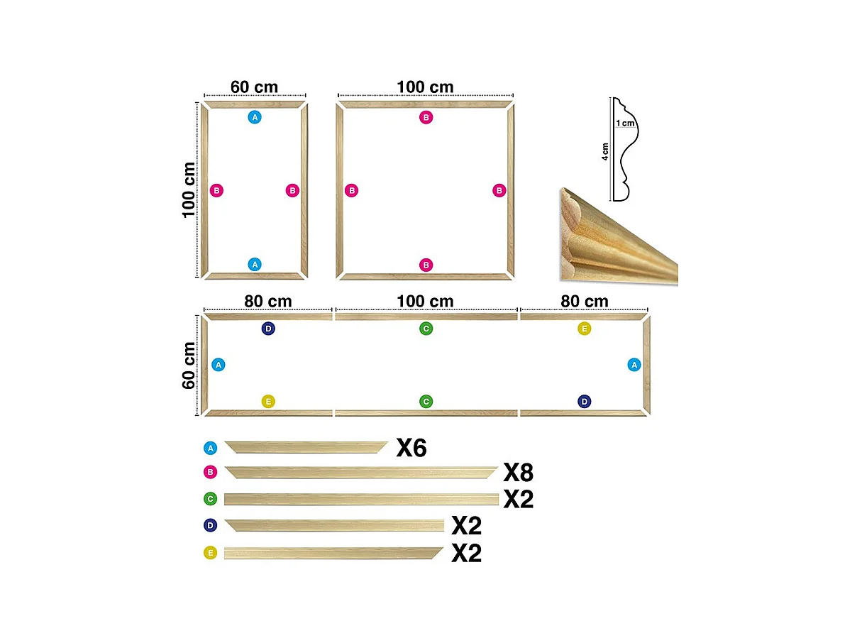 Kit de 4 moulures murales en bois Pin des Landes - Prêt à coller et peindre - Blandine - 2,6 mètres