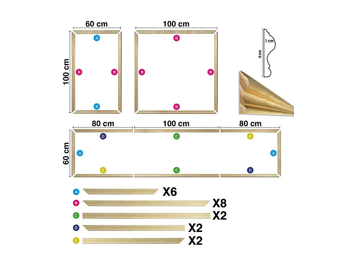 Kit de 4 moulures murales en bois Pin des Landes - Prêt à coller et peindre - Blandine - 2,6 mètres