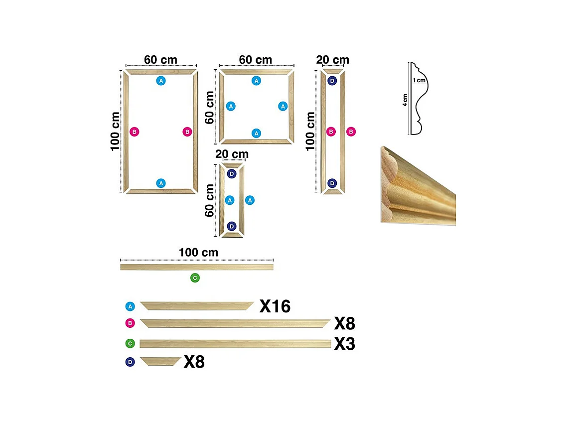 Kit de 8 moulures murales en bois Pin des Landes - Prêt à coller et peindre - Apolline - 3 mètres