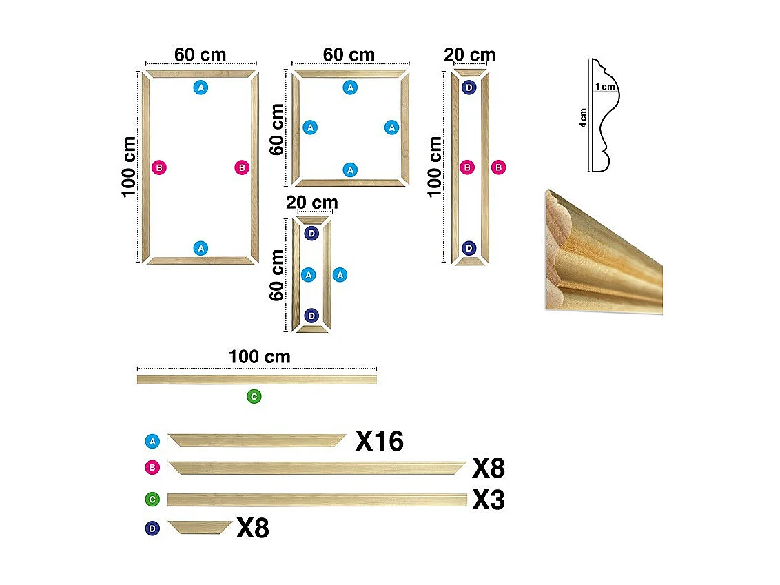 Kit de 8 moulures murales en bois Pin des Landes - Prêt à coller et peindre - Apolline - 3 mètres