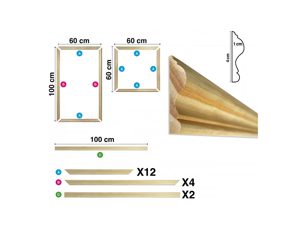 Kit de 4 moulures murales en bois Pin des Landes - Prêt à coller et peindre - Apolline - 2 mètres
