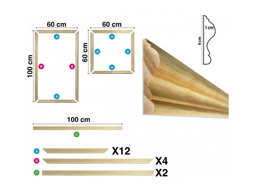 Kit de 4 moulures murales en bois Pin des Landes - Prêt à coller et peindre - Apolline - 2 mètres