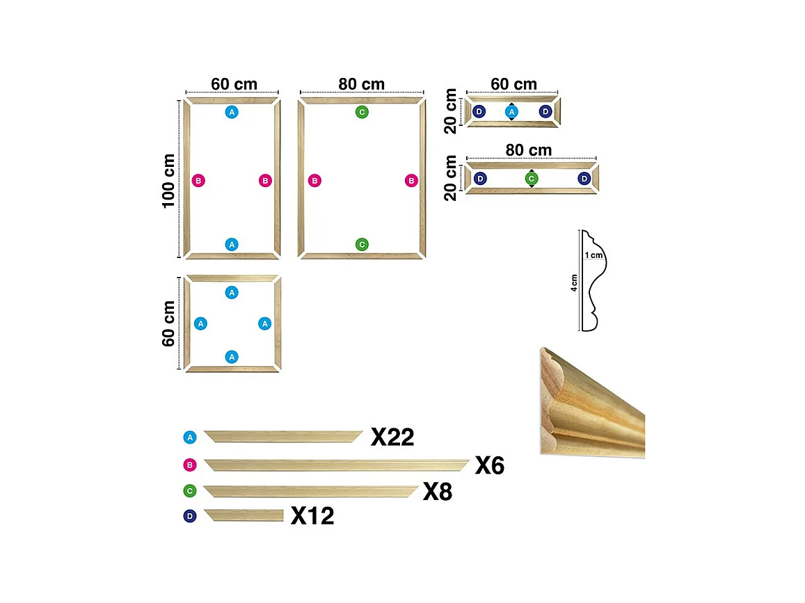 Kit de 12 moulures murales en bois Pin des Landes - Prêt à coller et peindre - Ernestine - 2 mètres