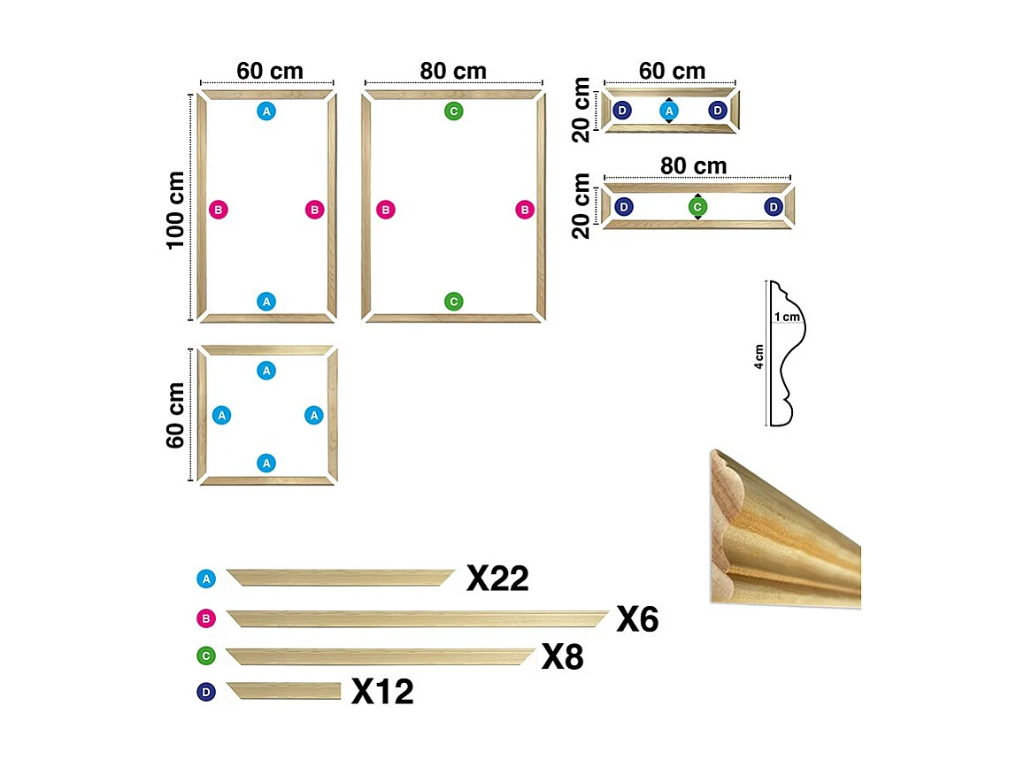 Kit de 12 moulures murales en bois Pin des Landes - Prêt à coller et peindre - Ernestine - 2 mètres