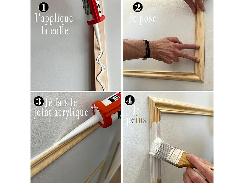 Kit de 12 moulures murales en bois Pin des Landes - Prêt à coller et peindre - Ernestine - 2 mètres