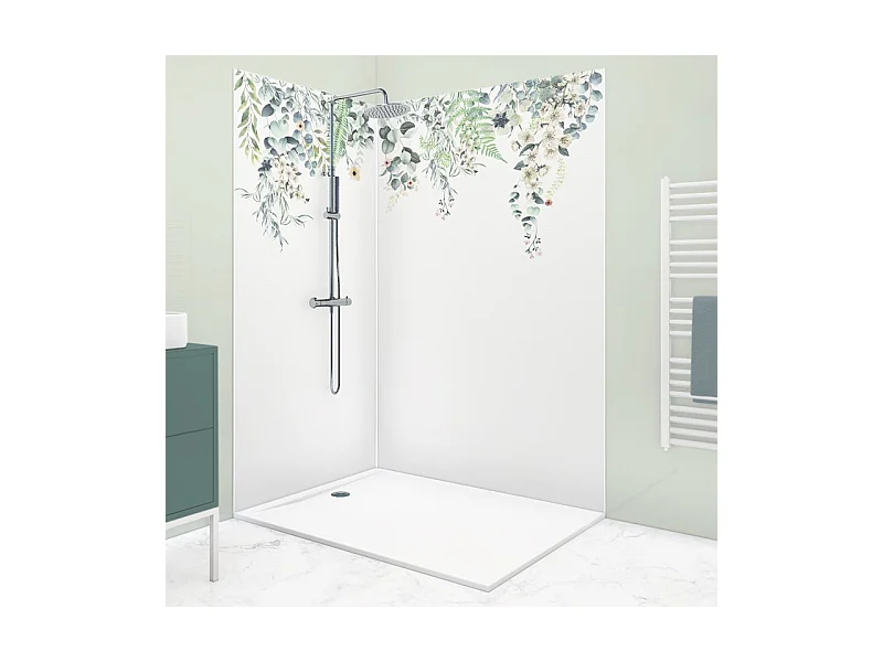 Lot de 2 panneaux de douche en aluminium (90x220 & 120x220 cm) + profilés blanc - Flowers in Rain - Multicolore