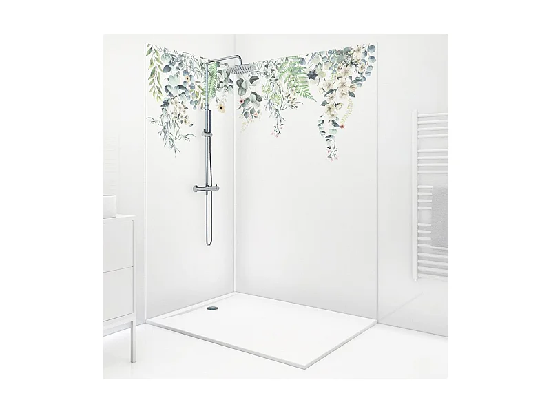 Lot de 2 panneaux de douche en aluminium (90x220 & 120x220 cm) + profilés blanc - Flowers in Rain - Multicolore