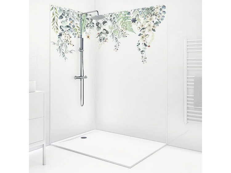 Lot de 2 panneaux de douche en aluminium (90x220 & 120x220 cm) + profilés blanc - Flowers in Rain - Multicolore