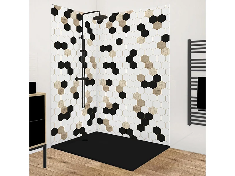 Lot de 2 panneaux de douche en aluminium (90x220 & 120x220 cm) + profilés blanc - Mix Hexa - Multicolore